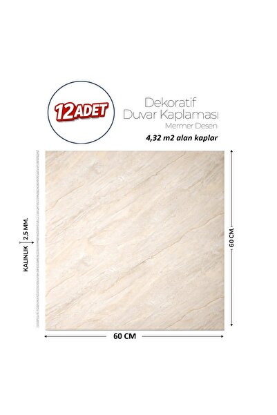 Brano 60X60 cm Kendinden Yapışkanlı Duvar,banyo,tezgah Arası Bej Mermer-12 Adet