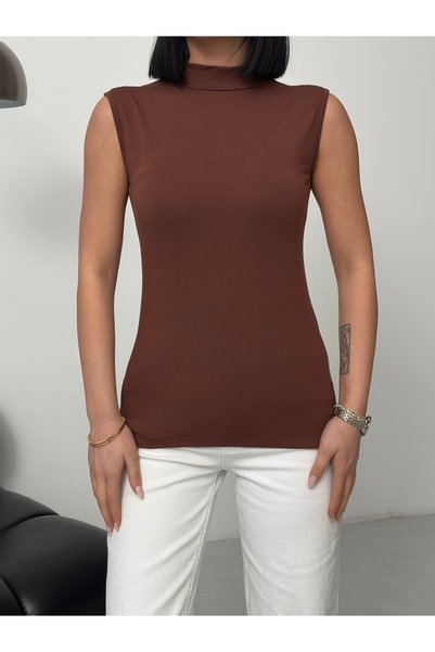 Lunamiratto Women's Bitter Brown 6-Piece Zero Sleeve Bodysuit Sleeveless Bodysuit High Neck Bodysuit Half Fishnet Bodysuit