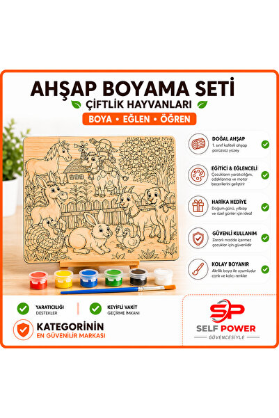 Self Power Çiftlik Hayvanları Ahşap Boyama Kartı Boya &Fırça Dahil