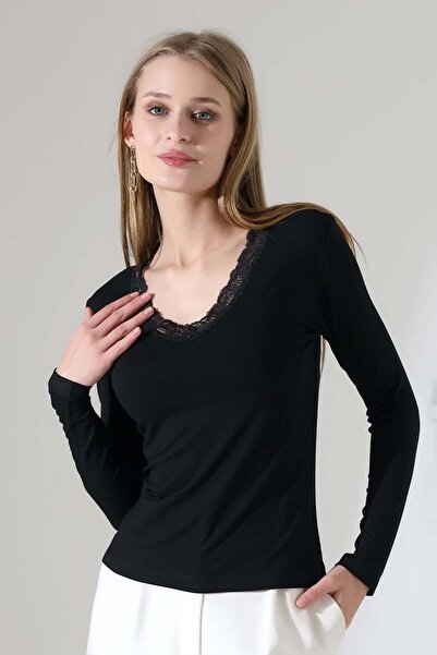 ModaPlaza Γυναικεία μπλούζα με λαιμόκοψη V και δαντέλα, μακρυμάνικη 22144