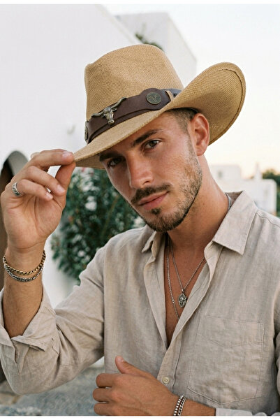 LAGRANZE Ανδρικό καπέλο σε στυλ καουμπόη με φαρδύ γείσο και μεταλλική λεπτομέ...