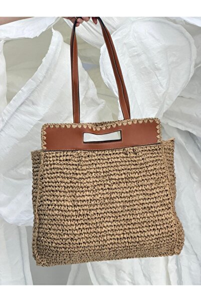 Luminos Butik Δερμάτινη Ψάθινη Τσάντα Καμηλό με Λεπτομέρεια στο Επάνω Μέρος C...