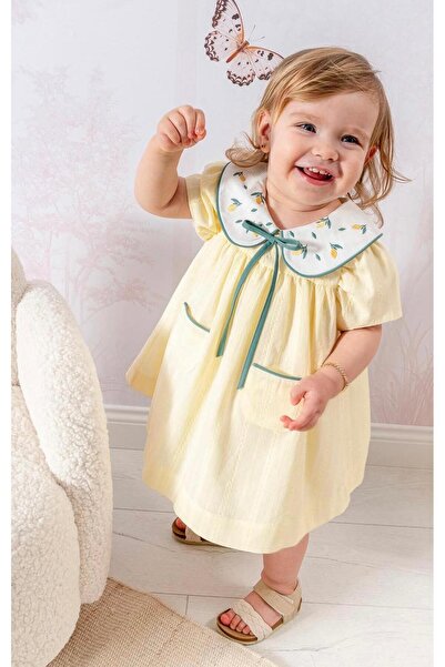 Noy Noy YAKASI LİMON NAKIŞLI SARI BEBEK ELBİSE -838