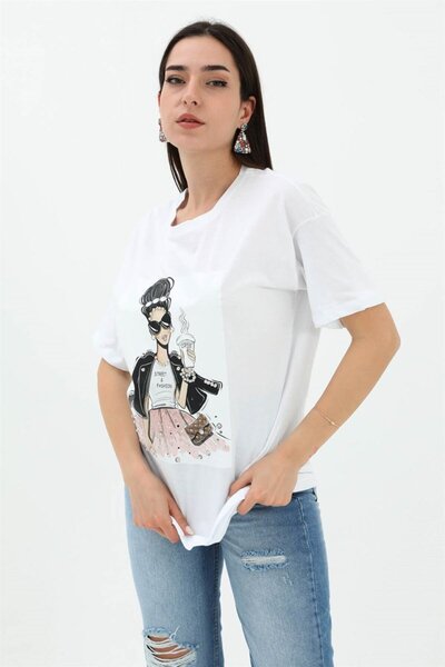 VELİZADE Γυναικείο μπλουζάκι με λευκό στάμπα και λαιμόκοψη ποδηλάτου, 100% βα...