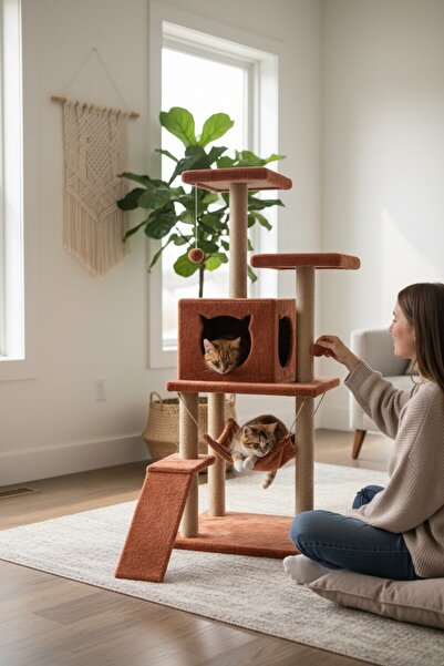 Nursoft Beyaz S9 Kedi Tırmalamalı Ev Ve Kedi Oyun Evi -Kremit