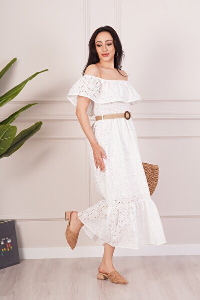 Hipo Trend Madonna Collar Scallop Embroidered Belt Detailed White Long Dress