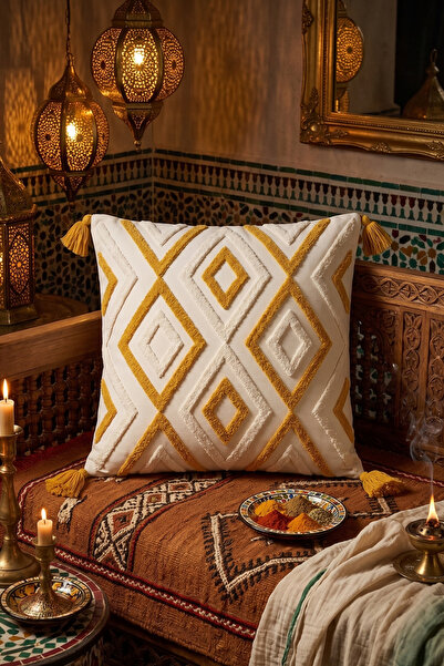 morlina home Dekoratif Etnik Kilim Punch Nakışlı Püsküllü Gizli Fermuarlı Kır...