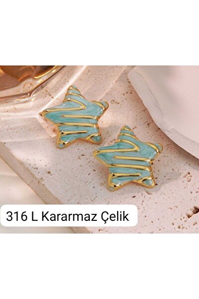 cnn takı toka Trend Model Yıldız Yeşil Gold 316 L Paslanmaz Çelik Küpe
