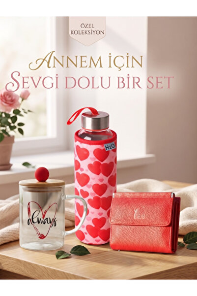 DEERDERİ Genuine Leather Wallet, Mug and Flask Set with Case Mother's Day Gift