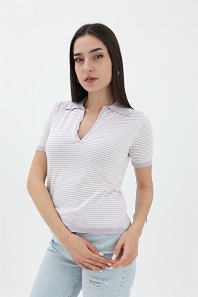 VELİZADE Νέα σεζόν Πόλο Γιακάς Λιλά Ριγέ Κοντομάνικο Πλεκτό Βισκόζη Casual T-...