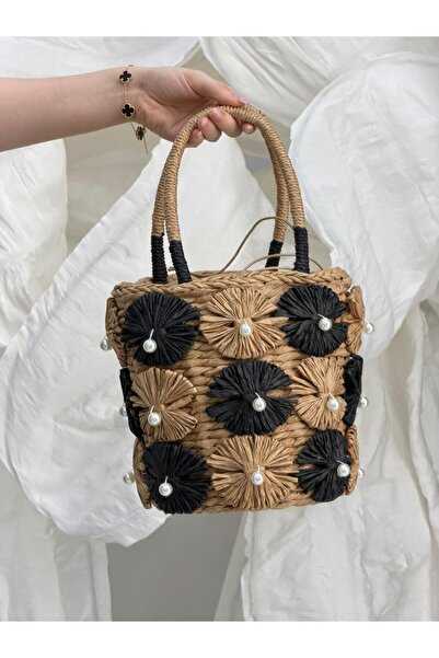 Luminos Butik Ψάθινη τσάντα σε χρώμα καμηλό με απλικέ λουλούδια CNT1163