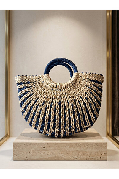 Luminos Butik Μπλε ψάθινη τσάντα Half Moon CNT1102