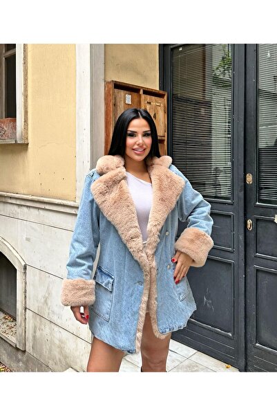 MODA141 جاكيت نسائي من الفرو والدنيم