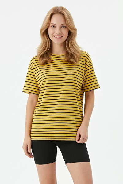 buğrahayalin Women's Horizontal Striped Crew Neck Slim Fit Cotton Short Sleev...