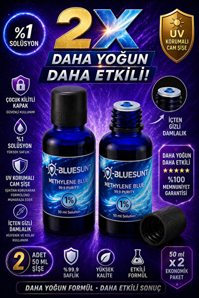 bluesunt 2 Şişe Metilen Mavisi 99.9 Saflık - 50 ml Sağlıklı Cam Şişede %1 lik...