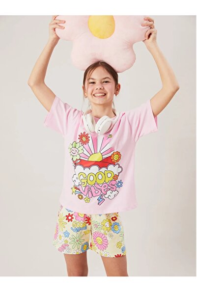 LC Waikiki Set de pijamale pentru fete LCW Kids roz cu decolteu rotund cu pan...