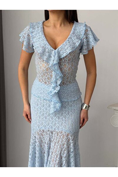 Elaxi Γυναικεία κοντομάνικη μπλούζα με βολάν και λεπτομέρεια σε σχήμα V με δα...