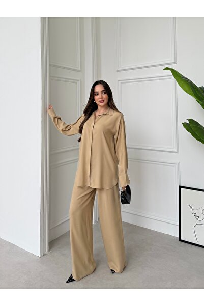 Tubik Women's Hidden Placket Bottom Top Shirt Pants Set