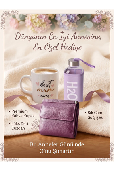 DEERDERİ Genuine Leather Wallet, Mug and Flask Set with Case Mother's Day Gift