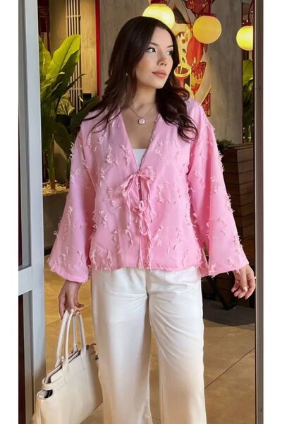 MAESTRO WOMAN Γυναικείο πουκάμισο με ροζ φούντες και λεπτομέρειες με δέσιμο