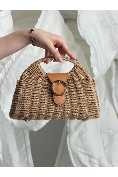 Luminos Butik Ψάθινη τσάντα καμηλόχρωμη με κούμπωμα δαχτυλίδι CNT1146
