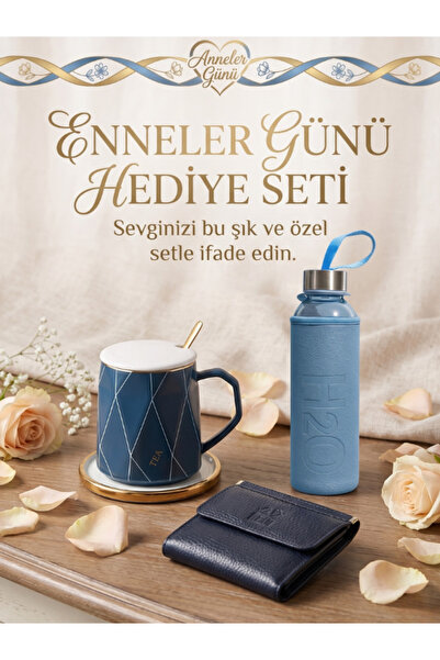 DEERDERİ Genuine Leather Wallet, Mug and Flask Set with Case Mother's Day Gift