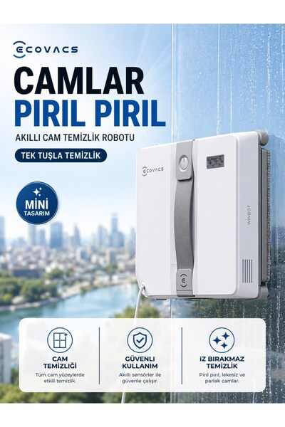 Ecovacs Kompakt Tasarımlı Akıllı Cam Silme Robotu Güçlü Vakum Performanslı Ke...