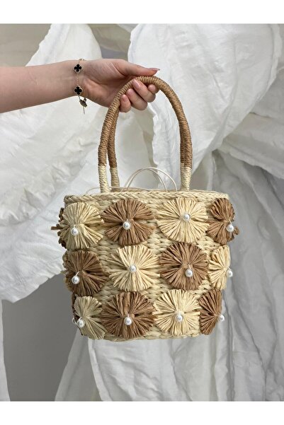 Luminos Butik Μπεζ ψάθινη τσάντα με απλικέ λουλούδια CNT1163