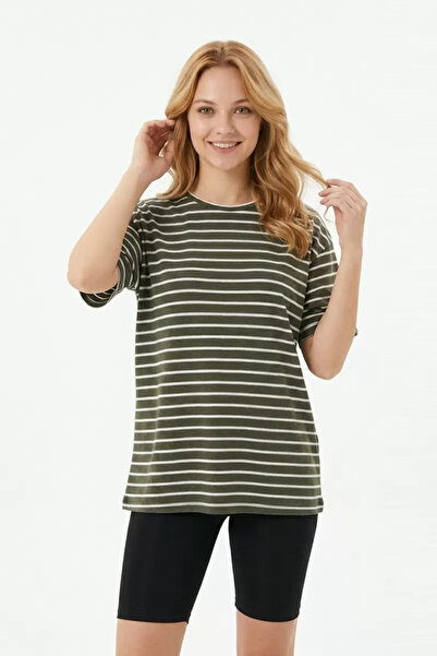 buğrahayalin Women's Horizontal Striped Crew Neck Slim Fit Cotton Short Sleev...