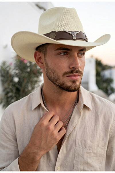 LAGRANZE Men's Cowboy Style Hat with Wide Brim and Metal Detail for Summer