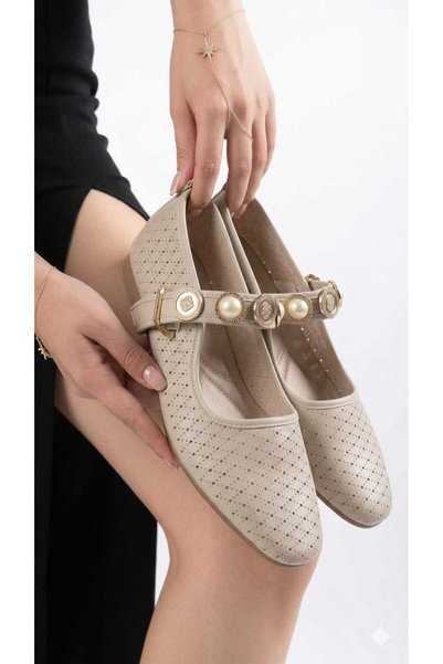 UBEYD AYAKKABI Beige Patent Leather Women's Ballerinas Gold Coin Pearl Buckle Orthopedic Non-Sound Laser Cut Shoes