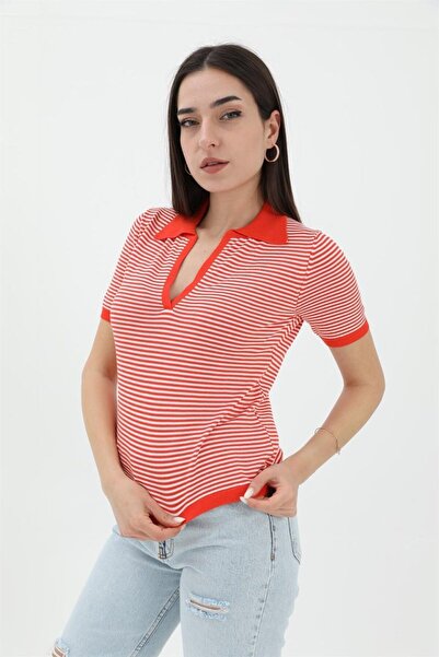 VELİZADE Νέα σεζόν Πόλο Γιακάς Πορτοκαλί Ριγέ Κοντομάνικο Πλεκτό Βισκόζη Casu...