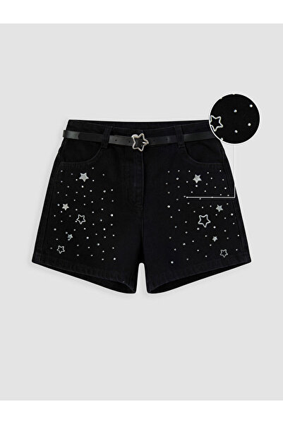 LC Waikiki GiyÇık Storeden Siyah Yüksek Bel Taşlı Kız Çocuk Jean Şort