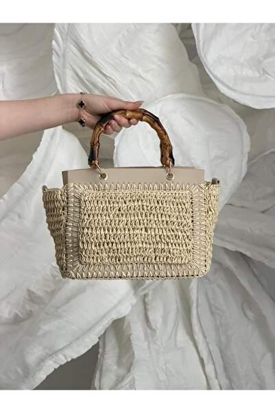 Luminos Butik Μπεζ ψάθινη τσάντα με λαβή από μπαμπού CNT1115