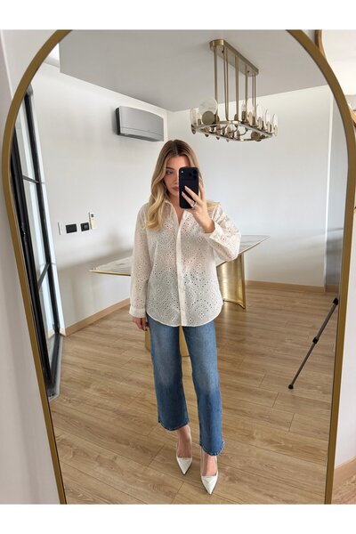 CKBUTİK Beyaz Brodeli İşlemeli Gömlek-02543
