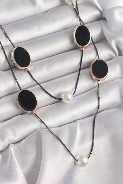 TakÇalıştır Brass Black Color Chain Pearl Detailed Multiple Women's Necklace