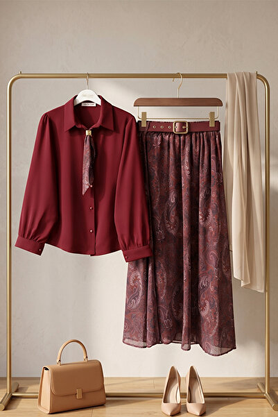 FERHEL Women's Skirt with Belt, Scarf, Lined Skirt, Blouse, Chiffon Set - Bur...