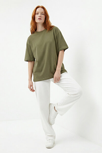 MAXIMILLIAN Γυναικείο βαμβακερό μπλουζάκι χακί oversize με λαιμόκοψη ποδηλάτου