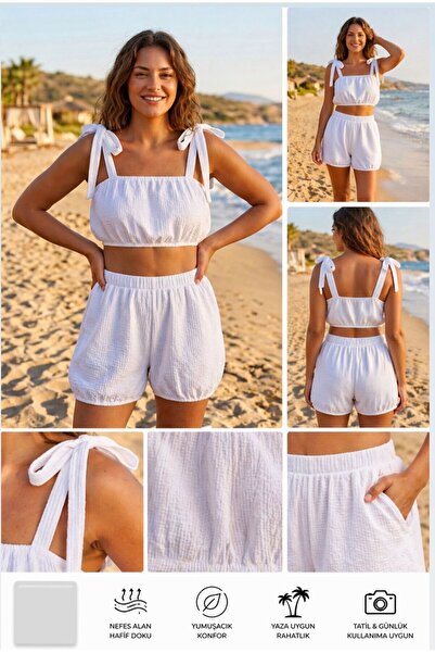 LinichandCo Λευκό βαμβακερό σετ σορτς – Καλοκαιρινό άνετο γυναικείο σύνολο με...