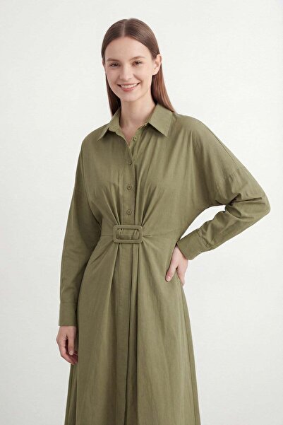 Melike Tatar LOREEN Γυναικείο Πουκάμισο με Γιακά και Ζώνη Μακρύ Φόρεμα 20745E...