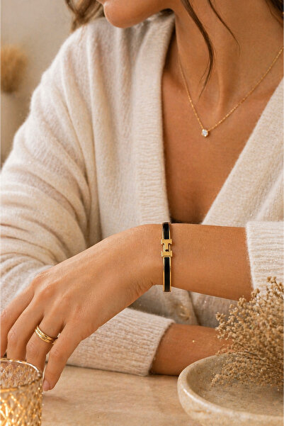 OEM Γυναικείο Χρυσό Βραχιόλι-Βέργα με Μαύρα Ένθετα και Κούμπωμα Τύπου H – Κομ...