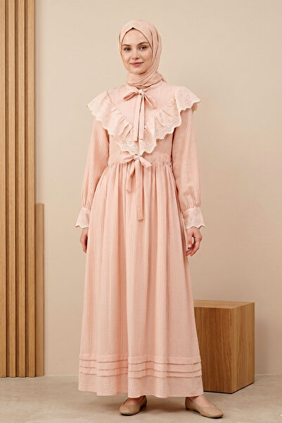 FERHEL Γυναικείο φόρεμα με γιακά, κορδόνια, δεμένη μέση, κεντημένο, με βολάν ...