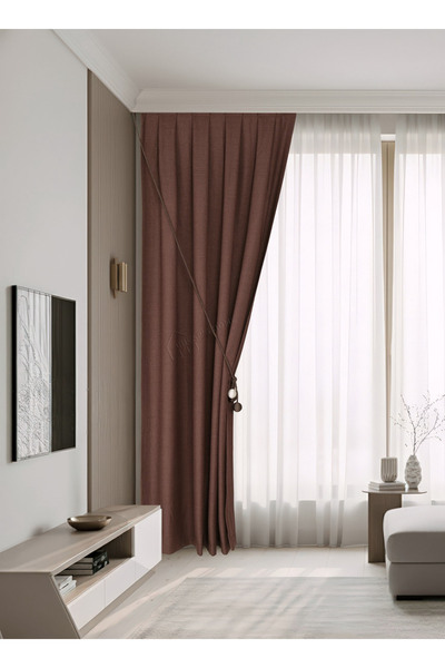 cheap's home Mat Görünüm Keten Dokulu Modern Fon Perde - Seyrek Pileli 1/2 (A...