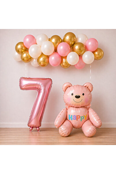 BALON DİYARI Σετ μπαλονιών γενεθλίων με θέμα το ροζ αρκουδάκι για 7 ετών, κορ...