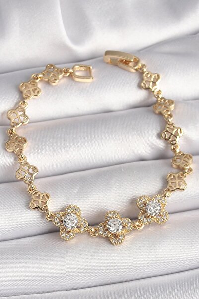 TakÇalıştır Brass Gold Color Zircon Stone Clover Model Women's Bracelet