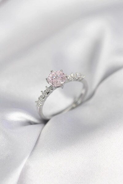 TakÇalıştır Silver Color Pink Single Stone Model Zircon Stone Women's Ring