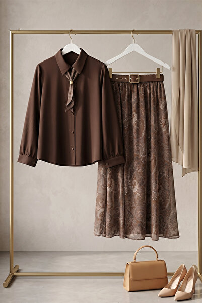 FERHEL Women's Skirt Belted Belted Scarf Lined Skirt Blouse Chiffon Set - Dar...