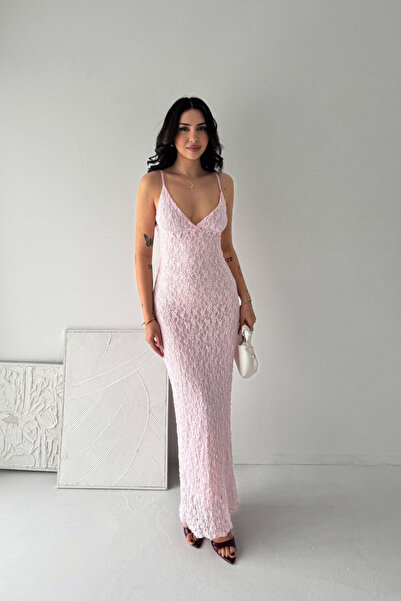 mielva Γυναικείο φόρεμα μάξι με ροζ δαντέλα και λουράκια, με λαιμόκοψη V