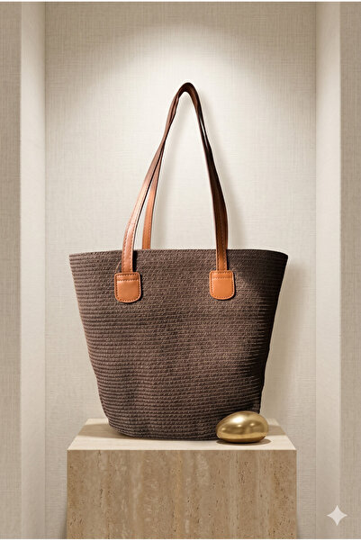 Luminos Butik Καφέ δερμάτινη ψάθινη τσάντα με λαβές CNT2005