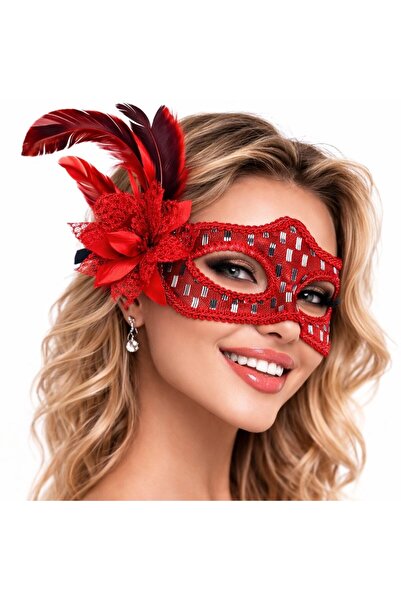 TakÇalıştır Red Feathered Ball Mask Women's Party Accessory